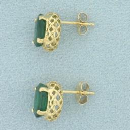Emerald Stud Earrings In 14k Yellow Gold Basketweave Design Settings