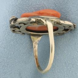 Antique Victorian Carved Red Coral Cameo Ring In 14k Rose Gold