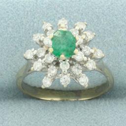 Untreated Emerald And Diamond Starburst Flower Ring In 18k Yellow And White Gold