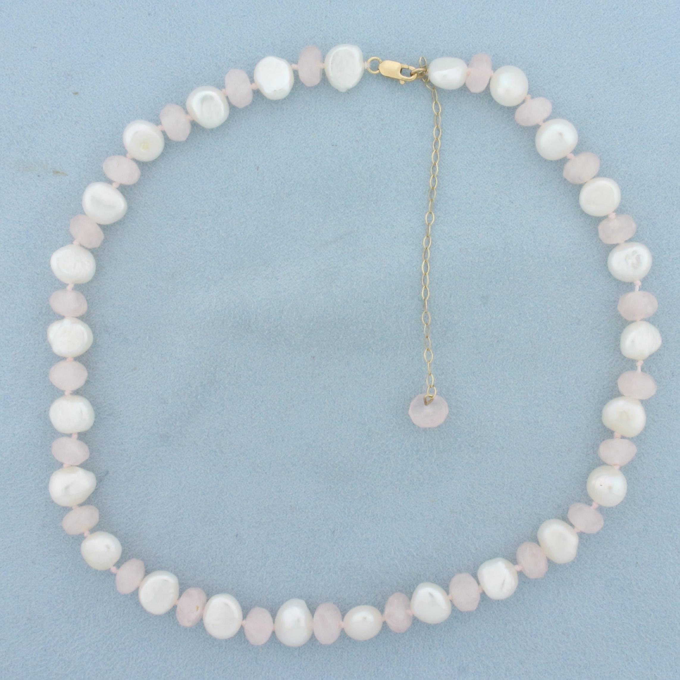 Baroque Pearl And Rose Quartz Hand Knotted Choker Necklace In 14k Yellow Gold