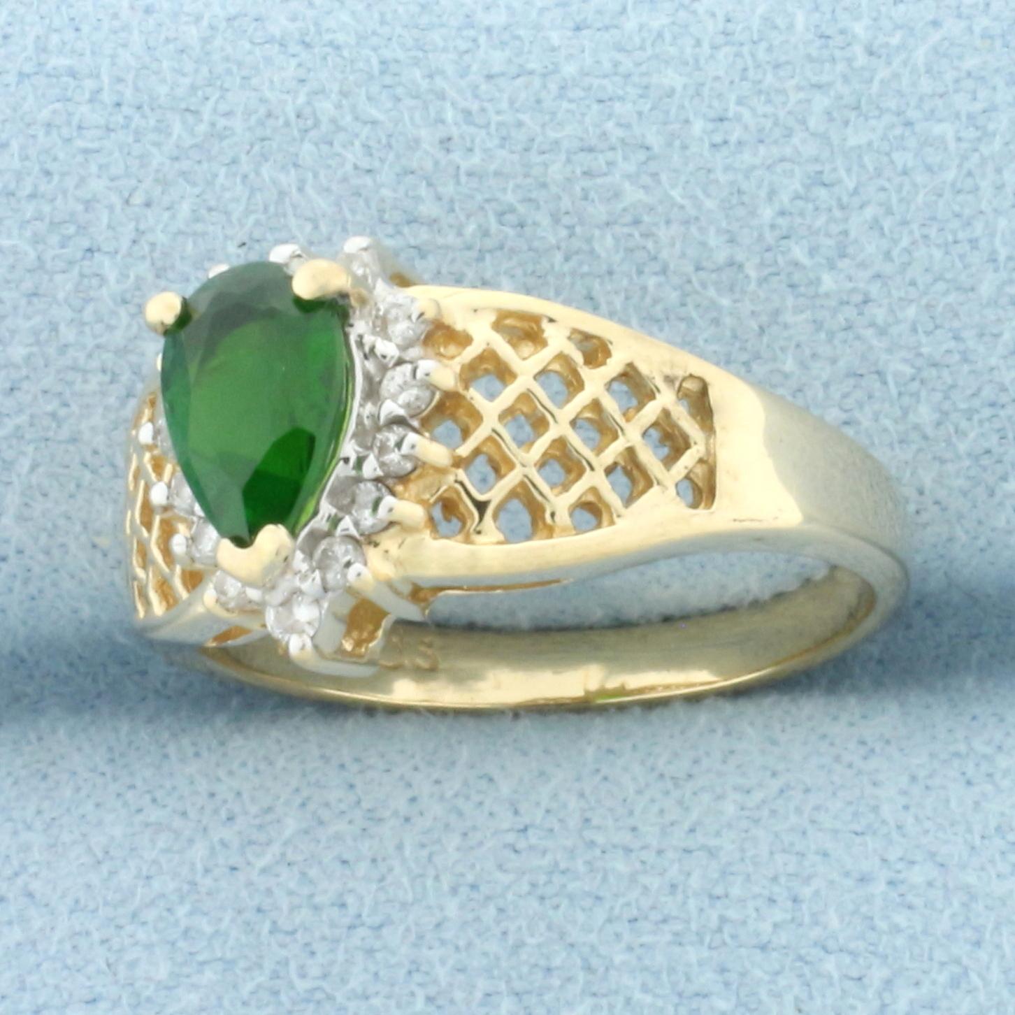 Green Garnet And Diamond Halo Ring In 14k Yellow Gold