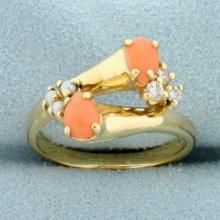 Pink Coral, Pearl And Diamond Ring In 14k Yellow Gold