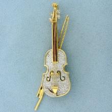 Diamond And Ruby Violin Pin In 18k Yellow Gold