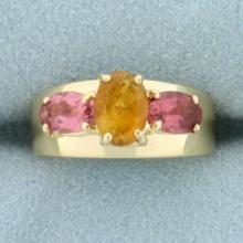 Citrine And Morganite Three Stone Ring In 14k Yellow Gold