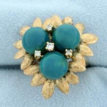 Turquoise And Diamond Flower Ring In 14k Yellow Gold
