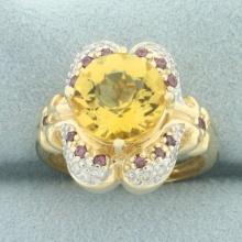 Citrine, Pink Sapphire, And Diamond Ring In 14k Yellow Gold