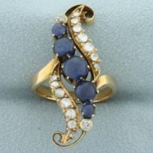 Antique Old Cut Diamond And Sapphire Ring In 14k Yellow Gold