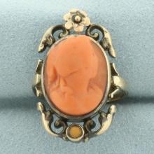 Antique Victorian Carved Red Coral Cameo Ring In 14k Rose Gold