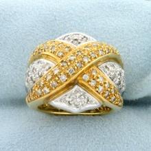 Vintage Diamond Criss Cross Design Statement Ring In 18k Yellow And White Gold