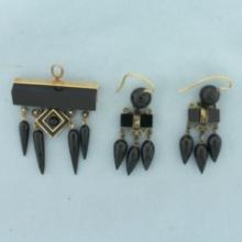 Antique Victorian Black Onyx Earrings And Brooch/pendant Set In 14k Yellow Gold