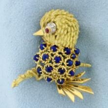 Italian Made Lapis, Ruby, And Diamond Bird Pin In 18k Yellow Gold