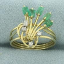 Emerald And Diamond Wirework Ring In 14k Yellow Gold