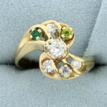 Vintage Diamond And Gemstone Ring In 14k Yellow Gold