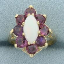 Opal And Tourmaline Halo Flower Ring In 14k Yellow Gold