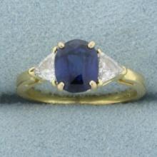 Aaa Sapphire And Trillion Diamond Ring In 18k Yellow Gold