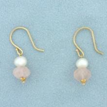 Pink Quartz And Pearl Dangle Earrings In 14k Yellow Gold