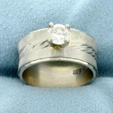 1/2ct Diamond Wide Band Solitaire Ring In 14k White Gold