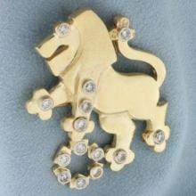 Vintage Diamond Lion Pendant Or Pin In 14k Yellow Gold