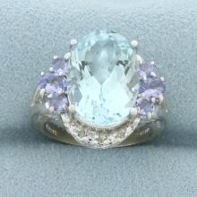 Aquamarine, Tanzanite, And Diamond Ring In 14k White Gold