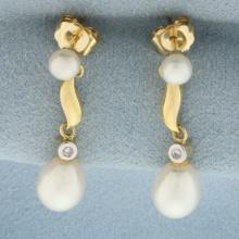 Mikura Pearl And Diamond Drop Earrings In 18k Yellow Gold