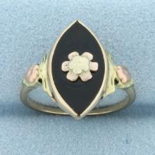 Vintage Onyx Tri-color Gold Flower Ring In 10k Yellow, Green, And Rose Gold