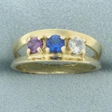 Three Stone Lab Sapphire Ring In 14k Yellow Gold