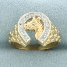 Diamond Horse And Horseshoe Nugget Ring In 14k Yellow Gold