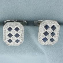 Sapphire And Diamond Harlequin Deco Design Cufflinks In 18k White Gold