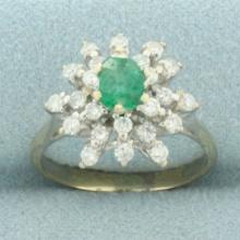 Untreated Emerald And Diamond Starburst Flower Ring In 18k Yellow And White Gold