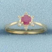 Ruby And Diamond Flower Ring In 10k Yellow Gold