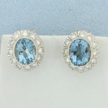 Vintage Aquamarine And Diamond Halo Earrings In 10k White Gold