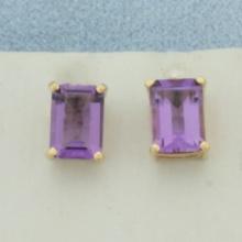 Emerald Cut Amethyst Stud Earrings In 14k Yellow Gold