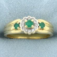 Emerald And Diamond Flower Design Ring In 18k Yellow Gold