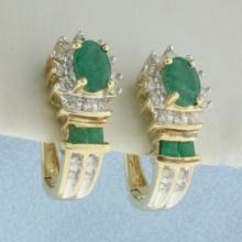 Emerald And Diamond Earrings In 10k Yellow Gold