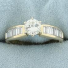 Round And Baguette Diamond Engagement Ring In 14k Yellow Gold