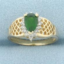 Green Garnet And Diamond Halo Ring In 14k Yellow Gold