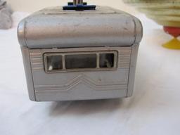 2 Vintage Tin Toys including SSS Japan Pressed Tin Camper and J Chein & Co Metal Top, AS IS, 1 lb 8