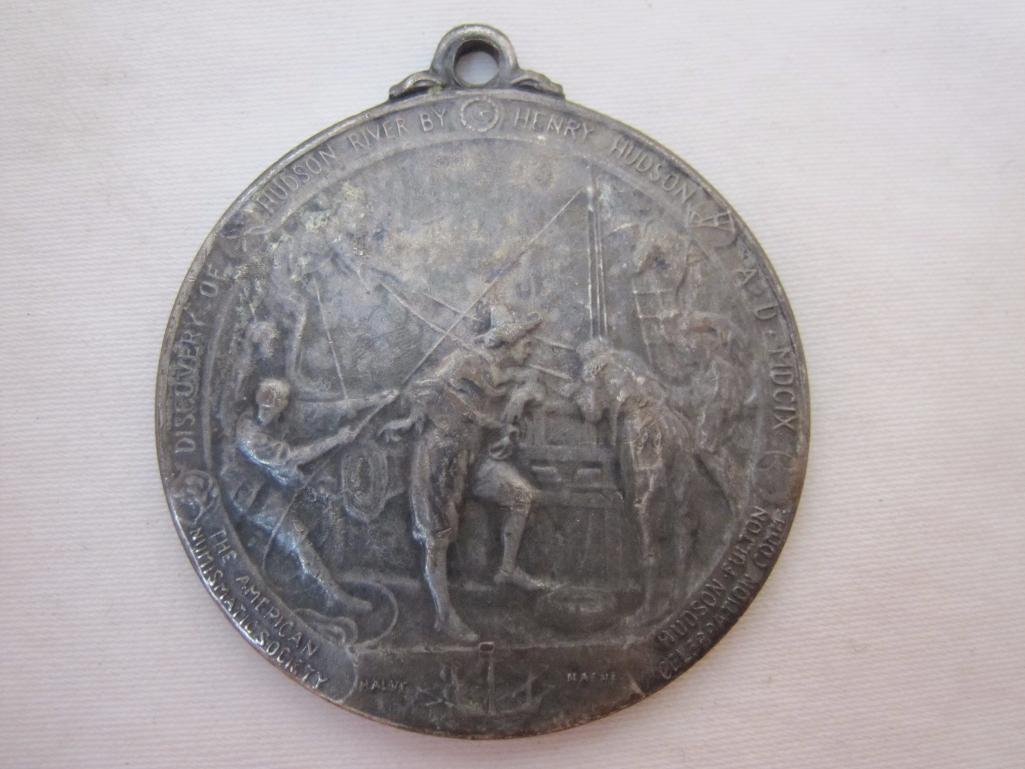 Silver-plated Hudson-Fulton Commemorative Medal from 1909, celebrating Henry Hudson's discovery of