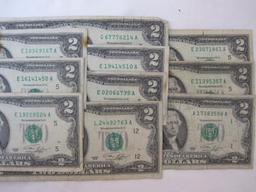 10 US 2 Dollar Bills, 1976, circulated condition, .3 oz