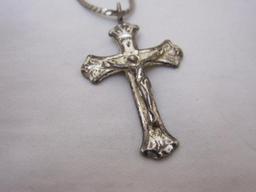 Silver Tone 24" Necklace with Sterling Silver Cross/Crucifix Pendant (pendant marked 925), 2 g