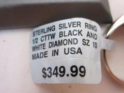 Sterling Silver Ring with 1/2 cttw Black & White Diamonds, Size 10, marked CI, 5.6g