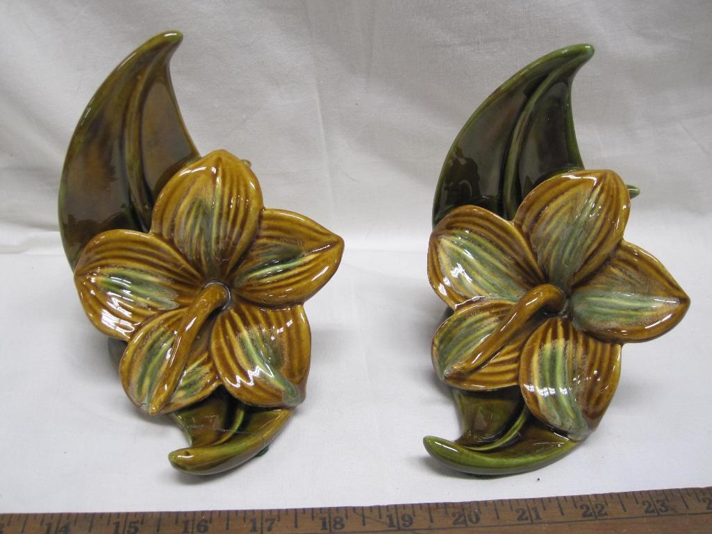 Vintage Royal Haeger Ceramic Pottery Lily Bookends, one has repairs, see photos. 2lbs
