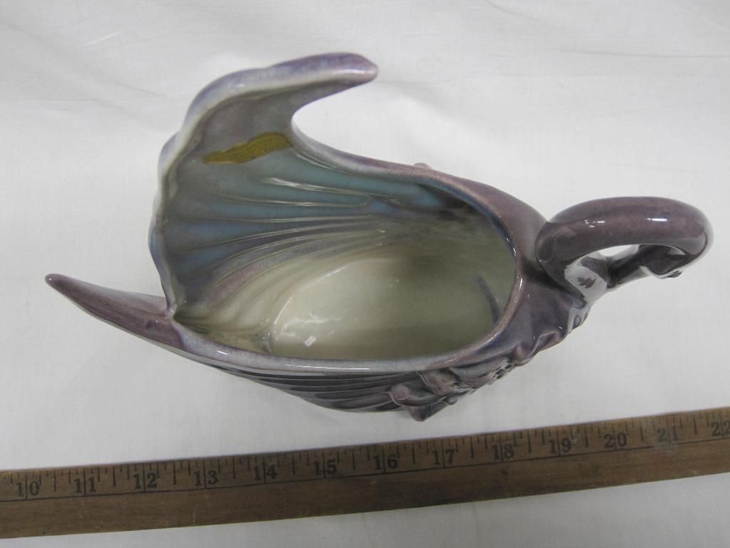 Unusual Lavender Hickman Royal Haeger Pottery Swan Vase with Raised Wing, approx 8 inches tall, 1lb