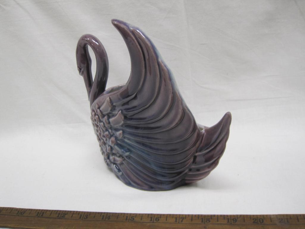 Unusual Lavender Hickman Royal Haeger Pottery Swan Vase with Raised Wing, approx 8 inches tall, 1lb