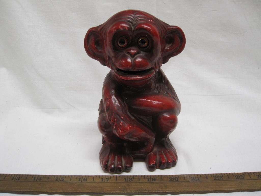 Red Monkey Haeger Coin Bank, AS-IS, red glaze has imperfections - approx 7 inches tall, 1lb 4oz
