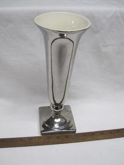 Tall Silver Mirror Glazed Haeger Vase with Pedestal and beige interior, 12 inches tall by 4.5 in