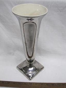 Tall Silver Mirror Glazed Haeger Vase with Pedestal and beige interior, 12 inches tall by 4.5 in