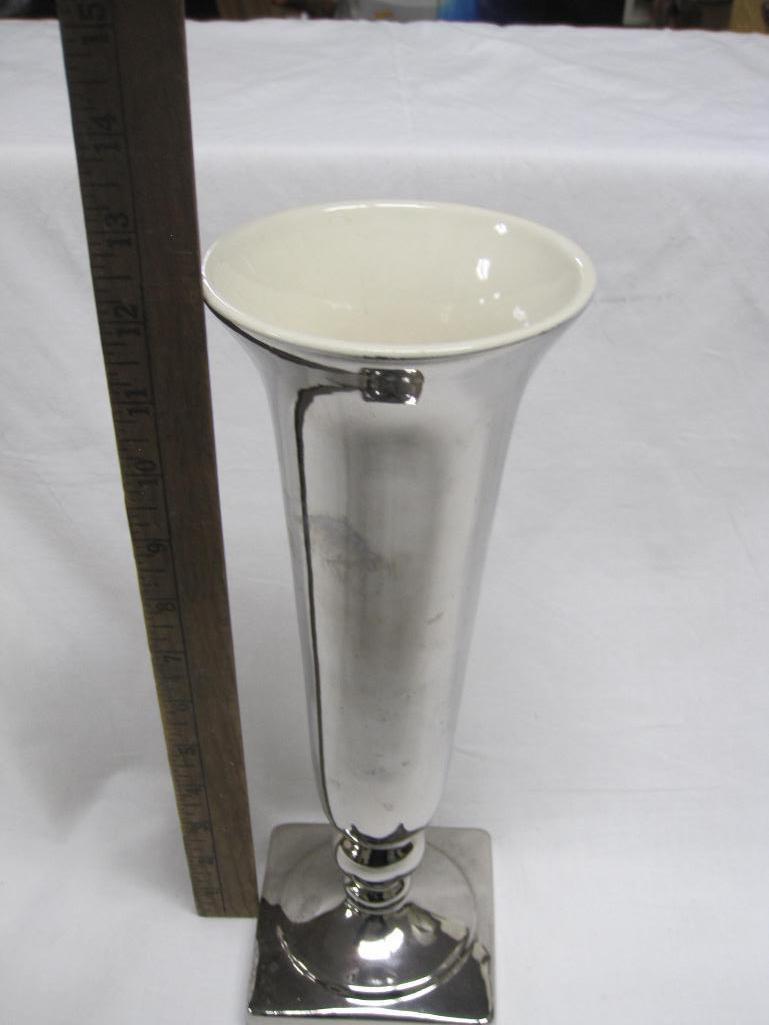 Tall Silver Mirror Glazed Haeger Vase with Pedestal and beige interior, 12 inches tall by 4.5 in