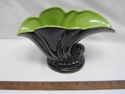 Mid Century Haeger Cornucopia Vase in Black and Lime Green, 11 inches wide, 7 inches tall, 2lb 4oz