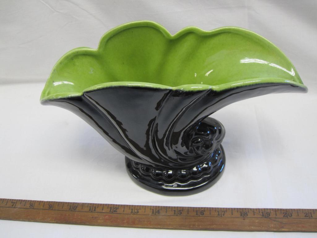 Mid Century Haeger Cornucopia Vase in Black and Lime Green, 11 inches wide, 7 inches tall, 2lb 4oz